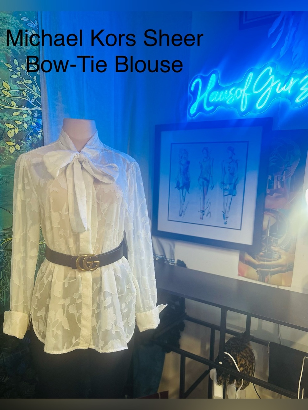 Michael Kors Ivory Sheer L/S Bow-Tie Blouse with Logo hidden buttons & Cuffs